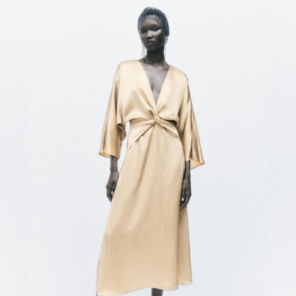 Zara Satin Gold Midi Knot Dress New - Picture 11 of 12